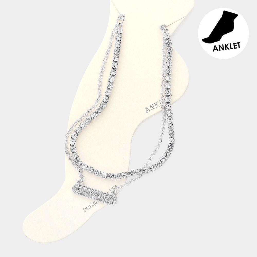 Silver Rhinestone embellished double layered ankle bracelet set